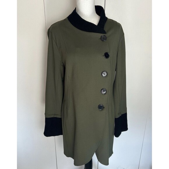 Venus Coat Jacket Women’s Size 14 Hip Olive Green Black Big Buttons Front Long - Picture 1 of 10